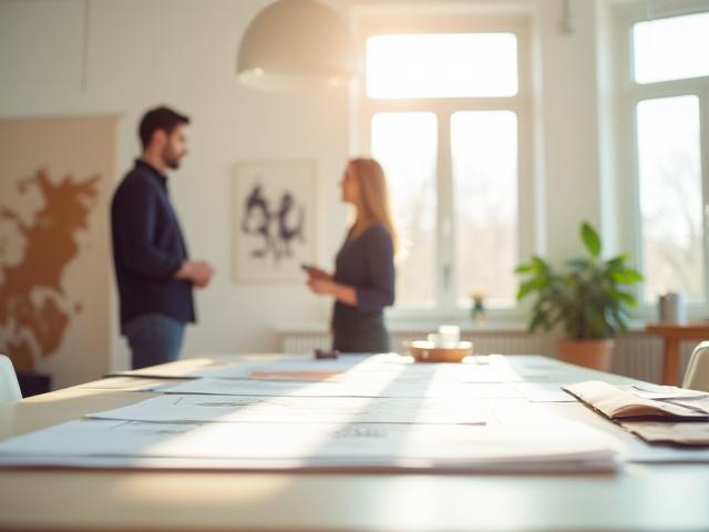 Interiørdesignstudio med naturlig lys, inspirerende atmosfære og designere som diskuterer konsepter