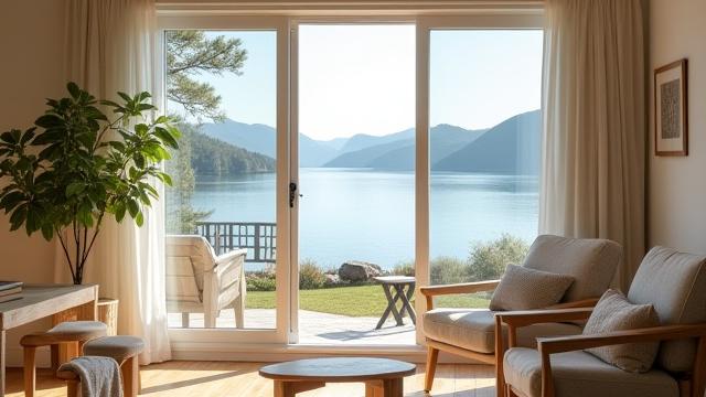 Lys og luftig kysthytte med trematerialer og havutsikt.