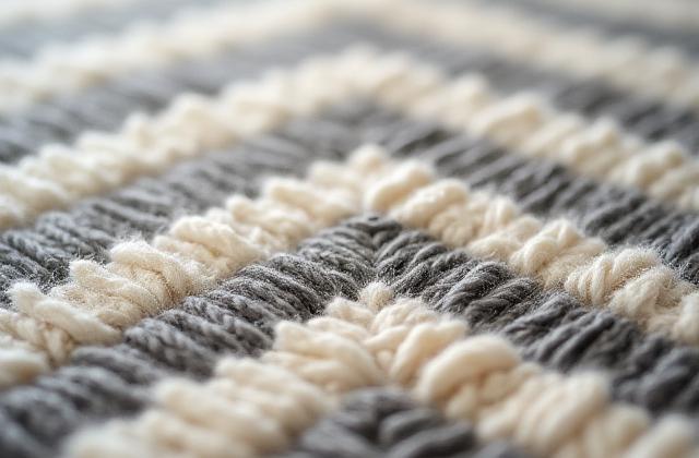 Nært bilde av teksturen i et vevd designerteppe med et nordisk designmotiv.